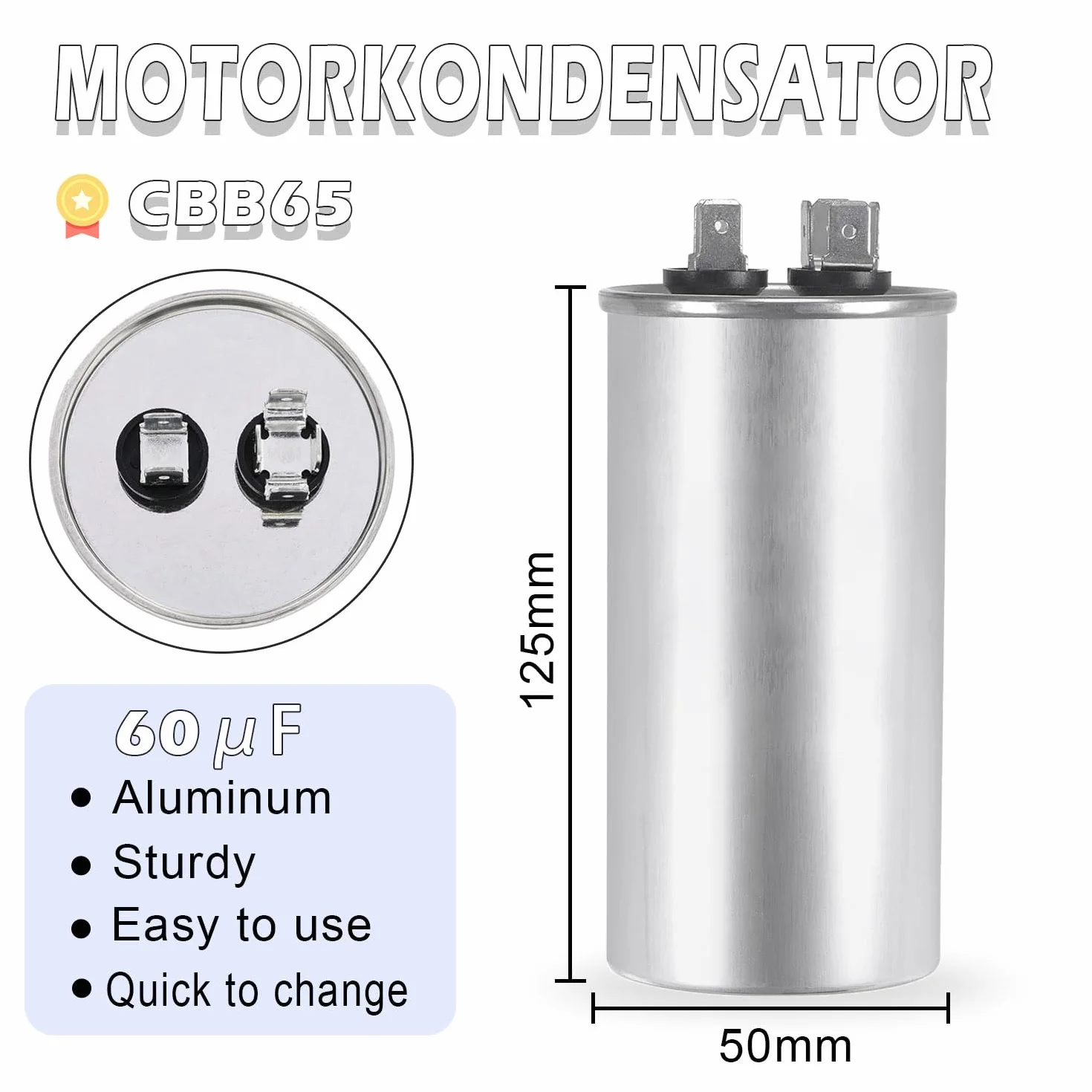 Iruihoo 60uF CBB65 Condensador de motor 450V CA 50/60Hz, 60µF arranque funcionamiento carcasa metálica
