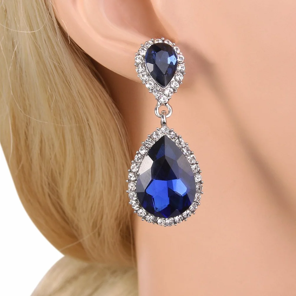 EVER FAITH Mujer Cristal Austríaco Boda Elegante 2 Lágrima Pendientes Colgante