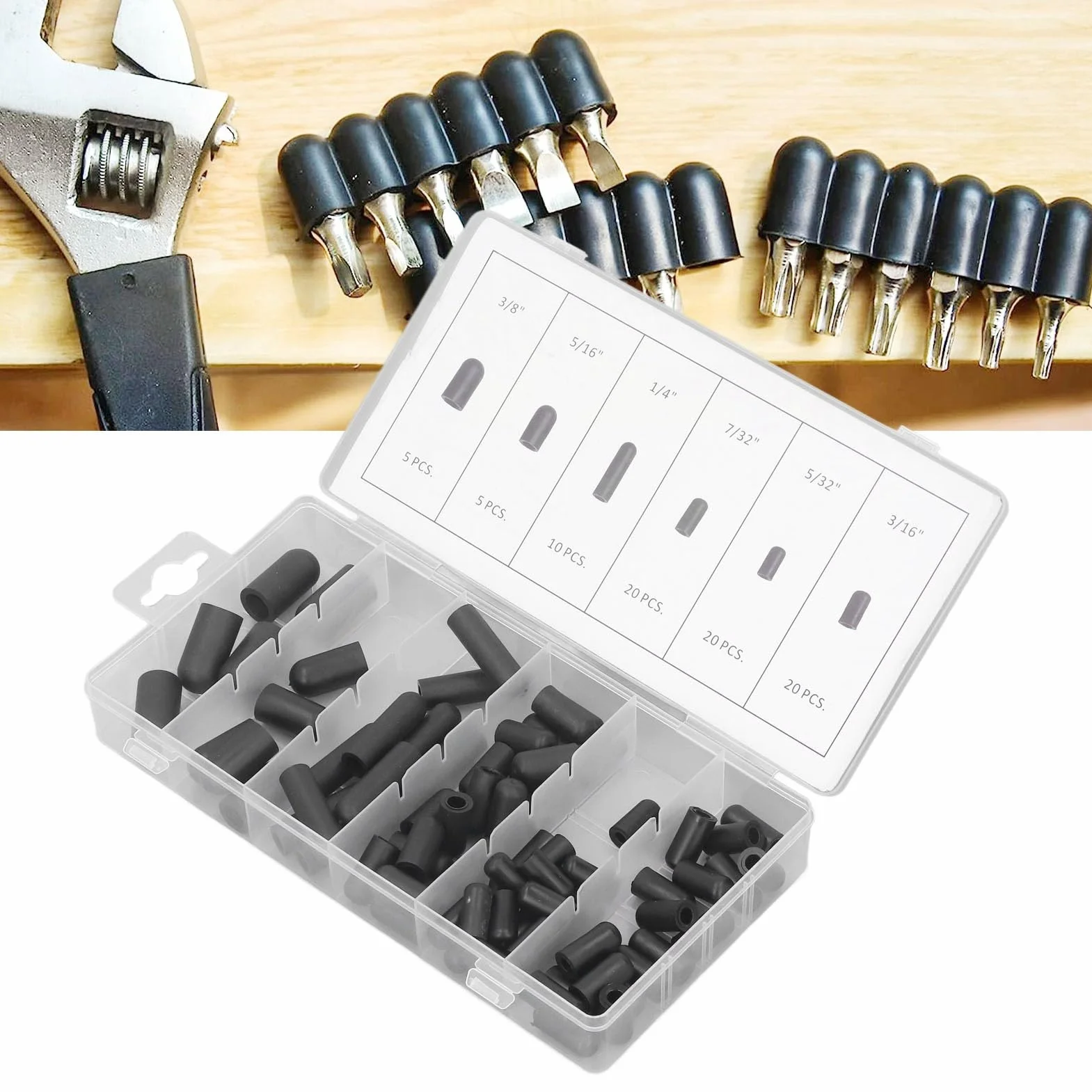 Kit de Tapones de Vacío 80 Uds., 5/32" a 3/8", Resistente a Altas Temperaturas, Goma, Negro