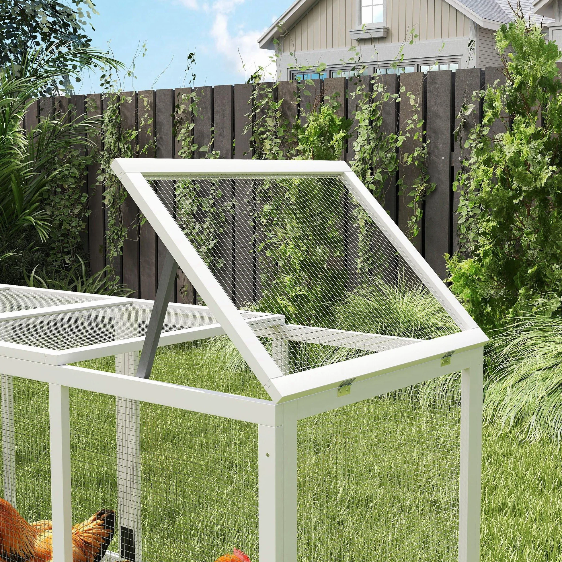 PawHut Gallinero Exterior Madera Grande 297,5x68x118 cm para 3-6 Gallinas con Nido Corral Bandeja Extraíble Techo Asfáltico Gris Blanco