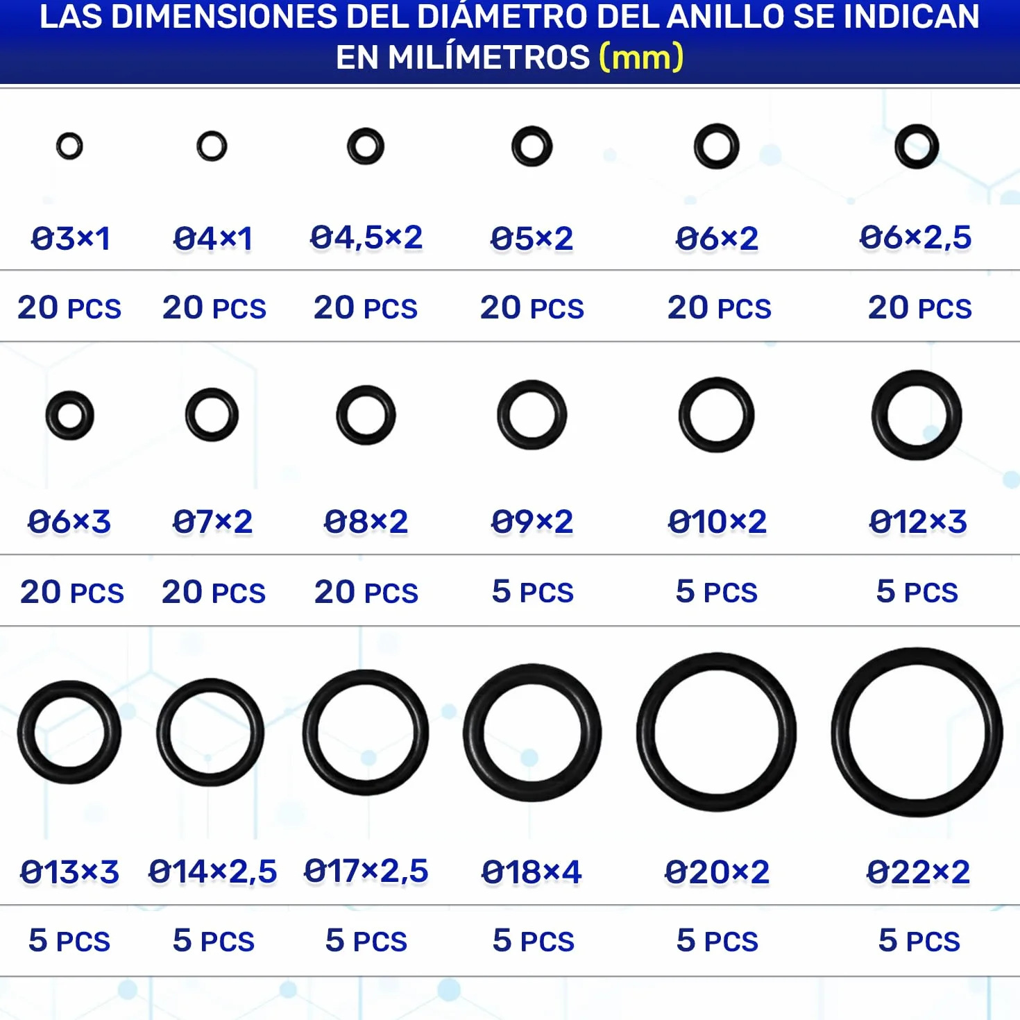 Juego de 225 Piezas Juntas Toricas de Goma NBR - Diámetro 3-22 mm, Rango -50°C a 125°C - MONTERAL