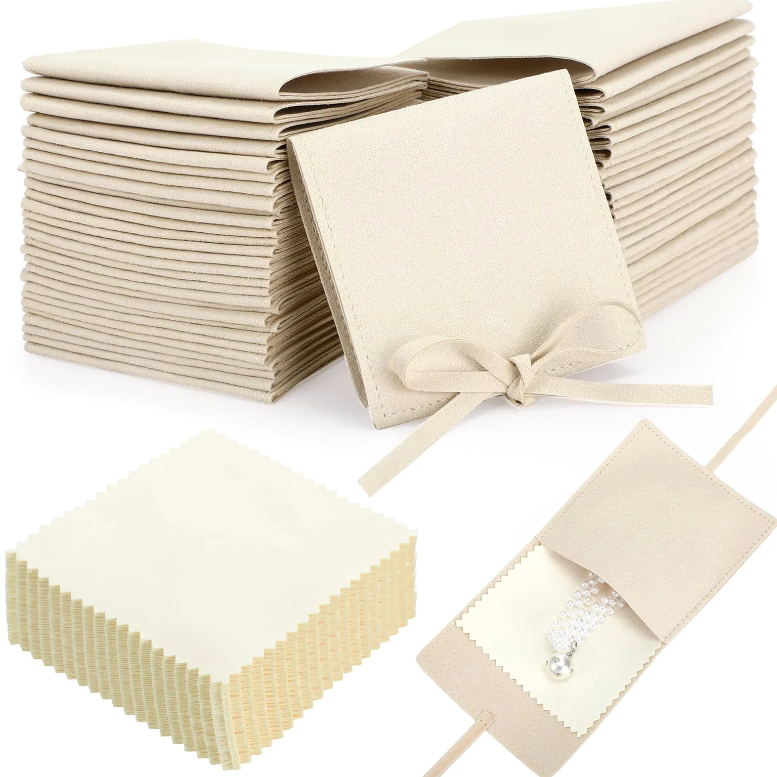 120 bolsas de microfibra para joyas, bolsas de regalo de joyería, paquete de pulseras con pajarita para pequeñas empresas con paño de limpieza de joyas para aretes, collares y embalaje (beige)