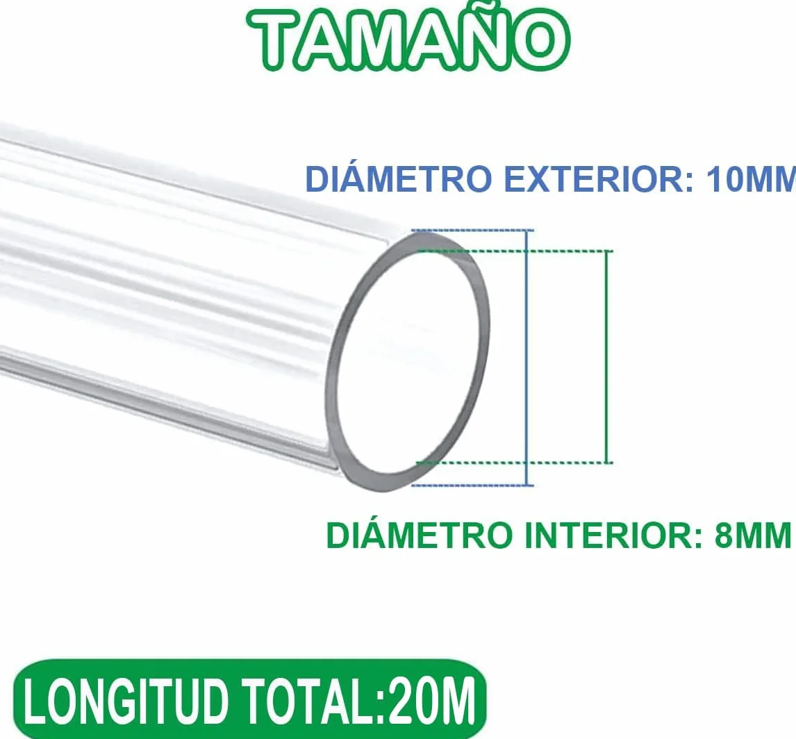 Tubo Flexible Transparente PVC 20 Metros 8mm x 10mm Manguera Nivel Líquidos