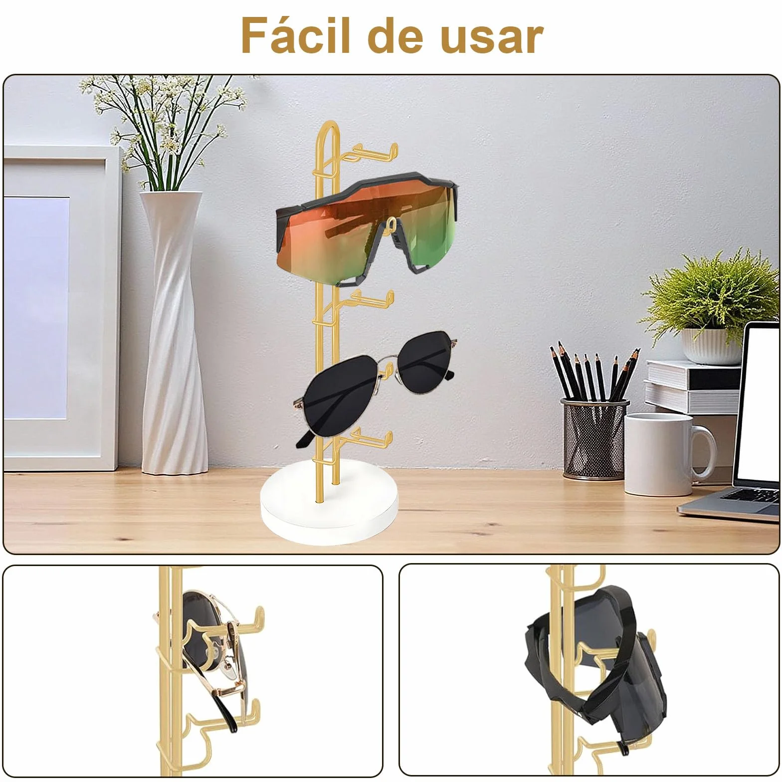 Soporte para Gafas de Sol Expositor Organizador Elegante de Metal con Base de Madera para 5 Pares