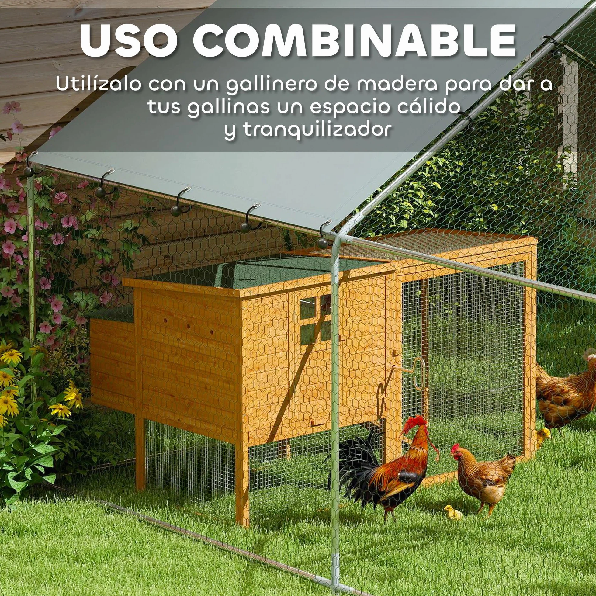 PawHut Gallinero Exterior Grande 3x3,4x1,9 m Acero Galvanizado Puerta Doble Cierre Cubierta Tela Oxford Anti-UV Impermeable para 10-15 Gallinas