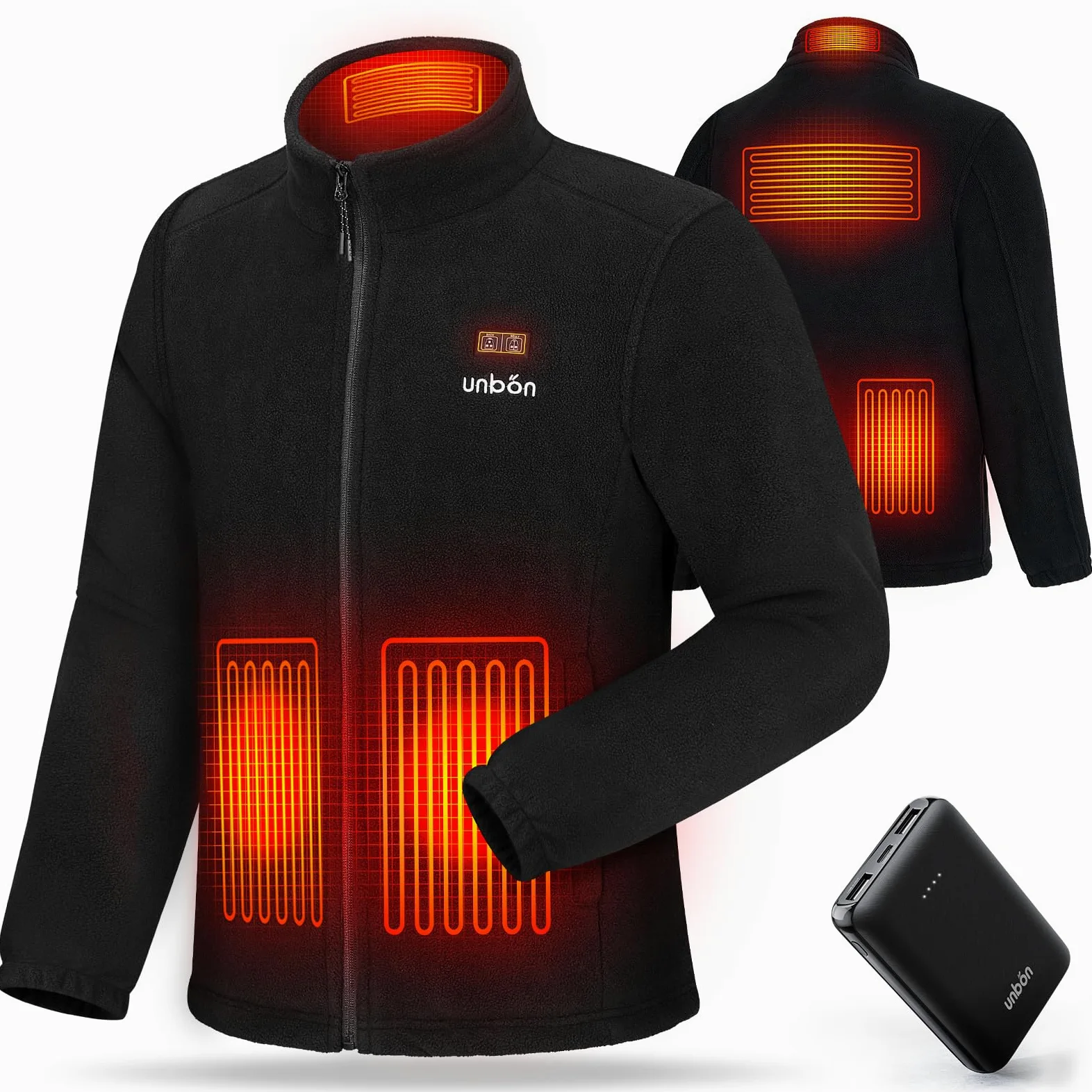 UNBON Chaqueta Calefactable Hombre con Batería USB 10000mAH, Chaqueta con Calefacción Hombre Polar Termica con 3 Temperaturas 6 Zonas de Calor, Abrigo Cazadora Calefactable Para Moto Trabajo Negro S