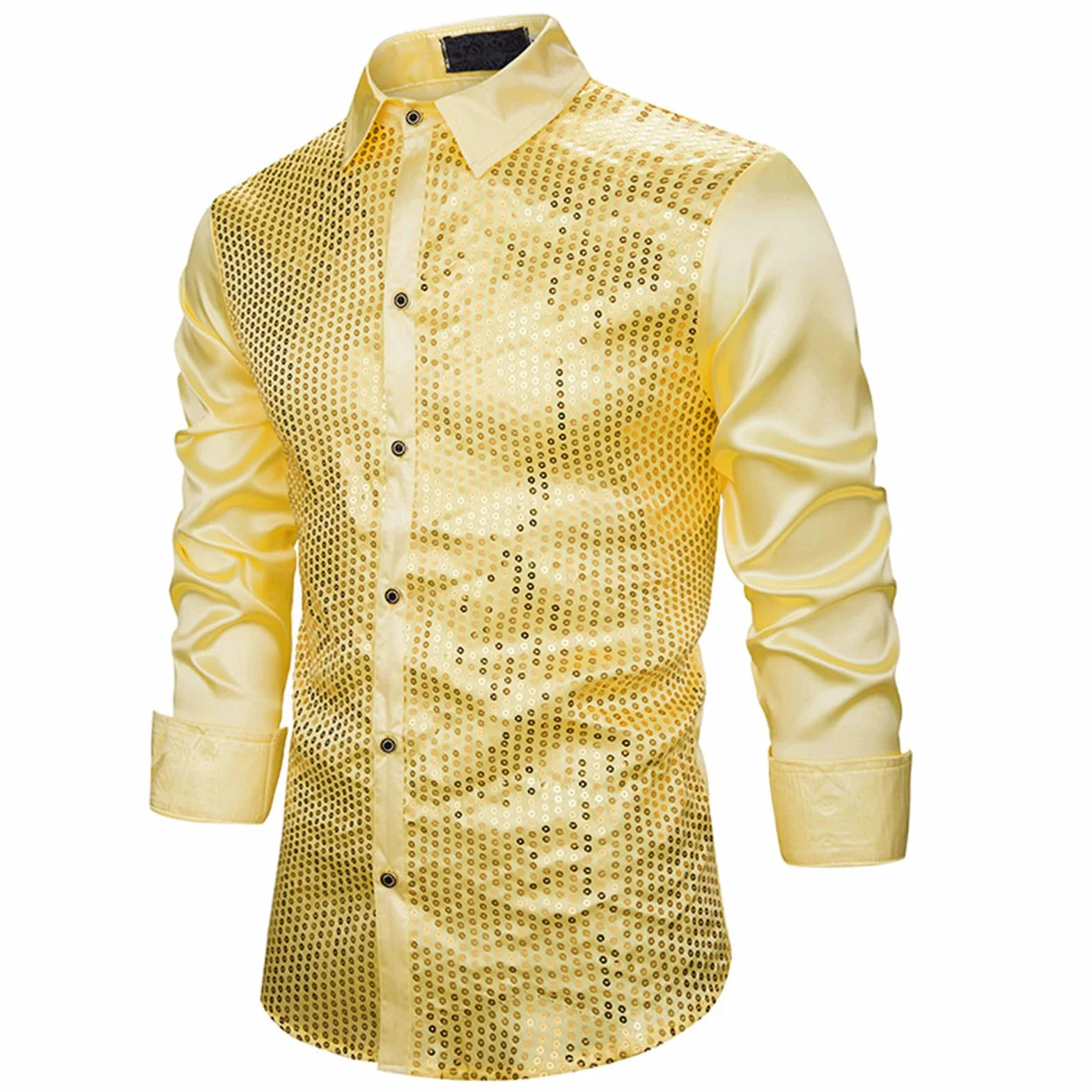 2025- Camisa Lentejuelas Hombre Cuello Reverso-Camisa Manga Larga Color Sólido Casual Pasaportos Clásicos Cómodo Elegante Blusa para Todos los Días Disco Fiesta De Baile Ropa