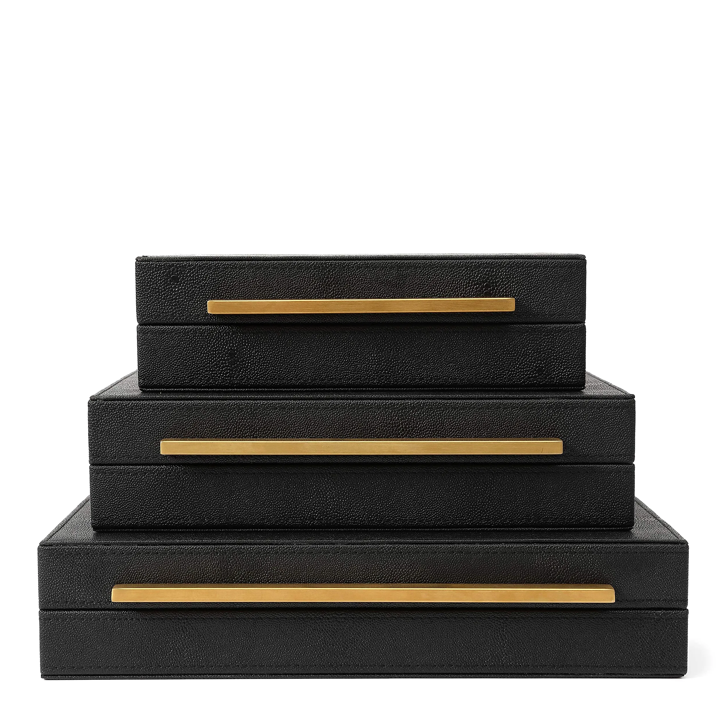 Kingflux - Juego de 3 cajas decorativas de piel sintética Shagreen negra, cajas de almacenamiento, organizador de joyas, organizador de accesorios para hombre (negro)