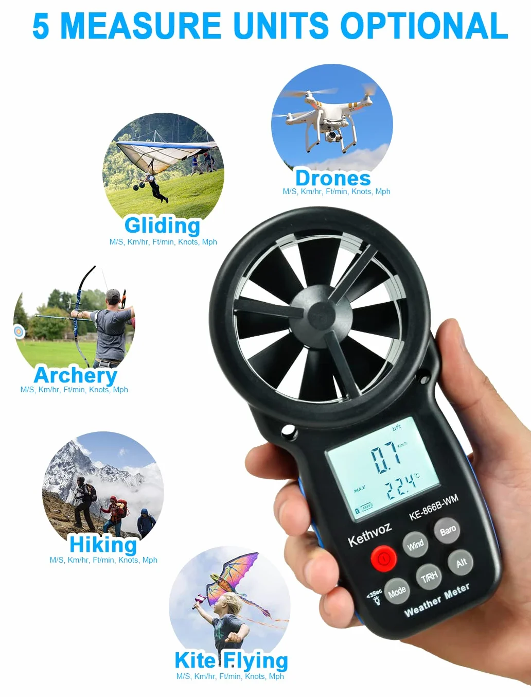 Anemómetro Digital Kethvoz KE-866B-WM Medidor de Viento con Barómetro, Altímetro y Medición de Humedad