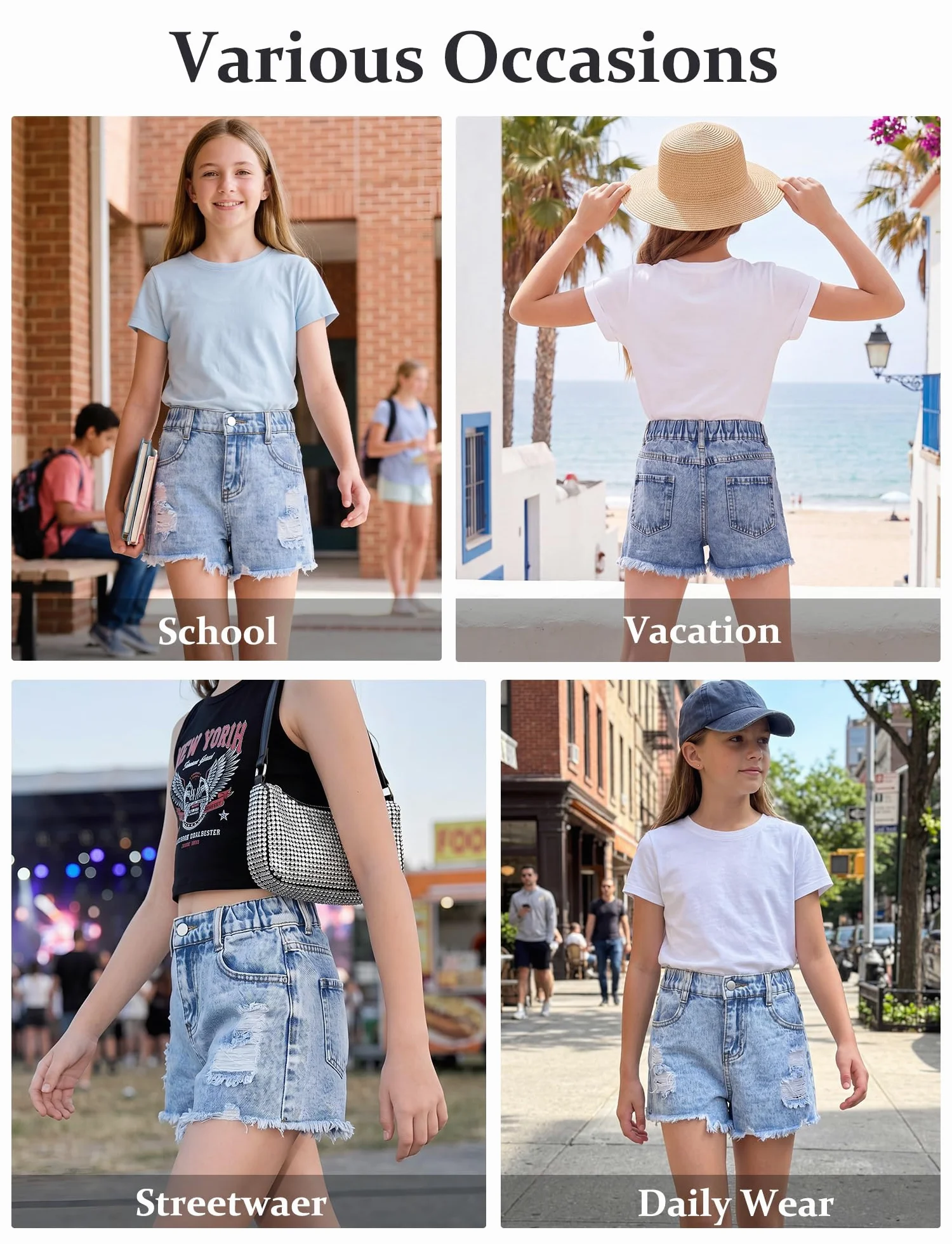 SEAUR Pantalones vaqueros rasgados para niñas, cintura alta, pantalones cortos 1/2 elásticos, informales, de verano, para niños de 5 a 14 años