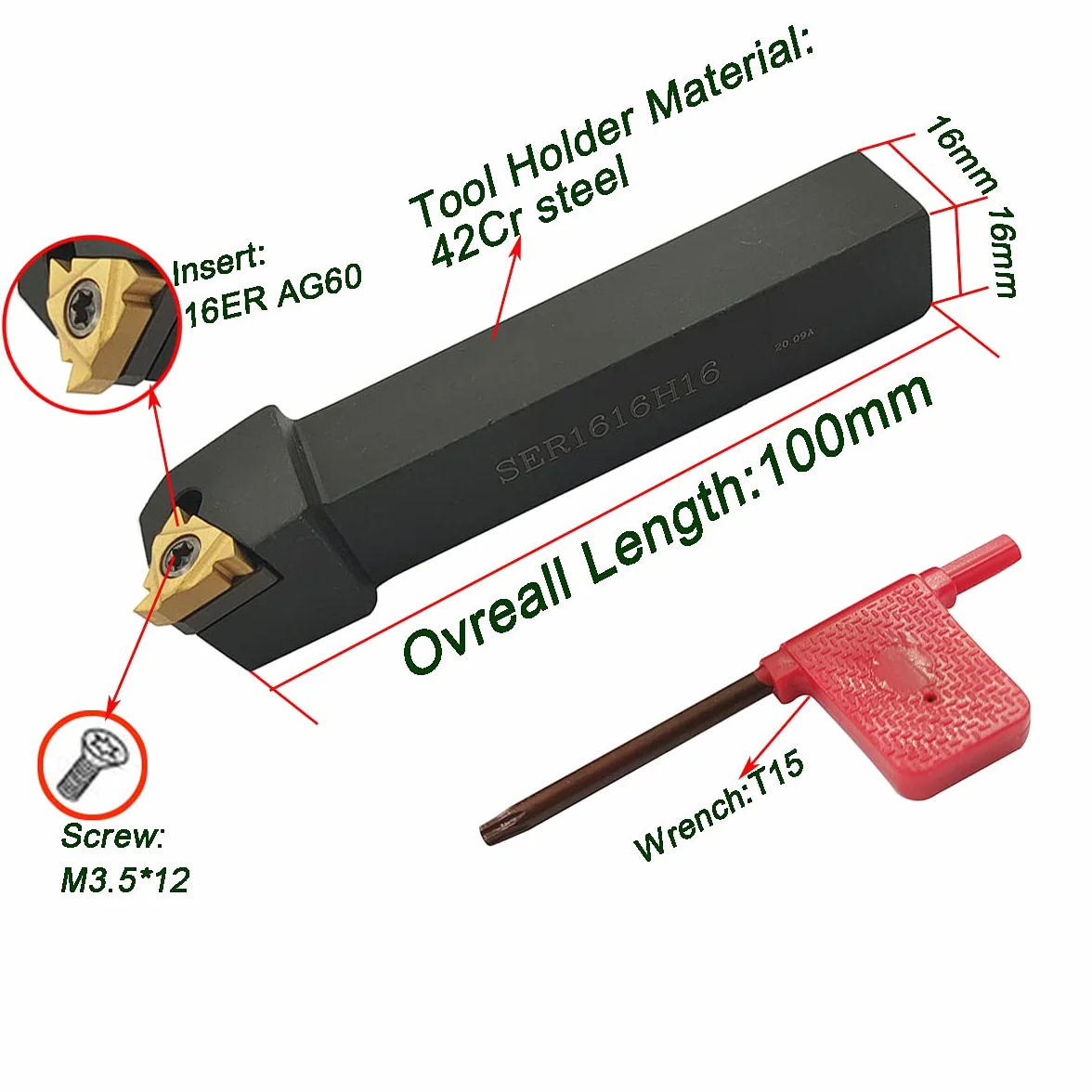Barra de mandrinado 1/2" 5/8" SNR0013M16 + SER1616H16 Soporte torneado rosca interna con 10 insertos carburo 16ER AG60 16IR AG60
