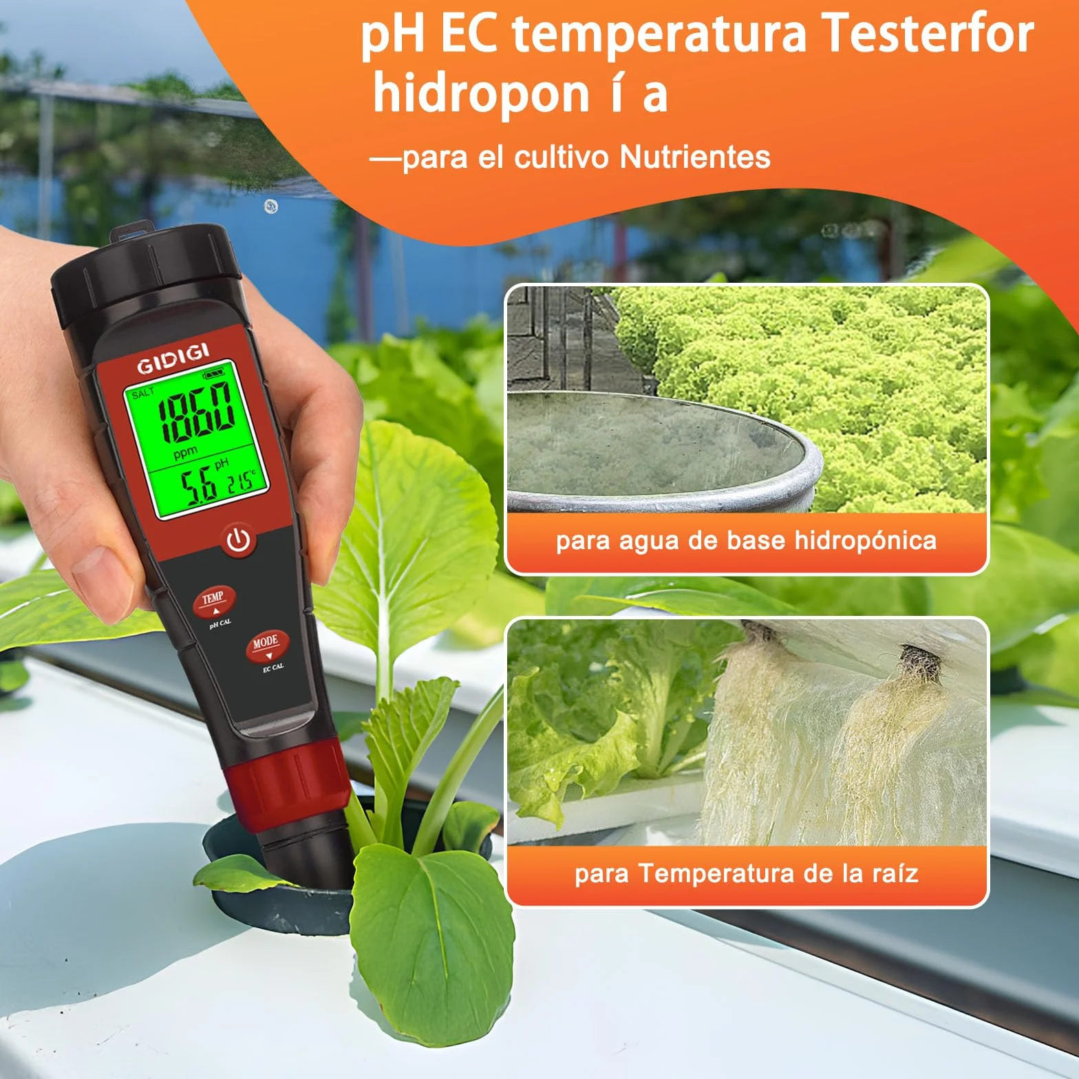 Medidor pH Agua 4 en 1, Probador Digital pH EC TDS para Piscina, Hidroponia, Agua Potable