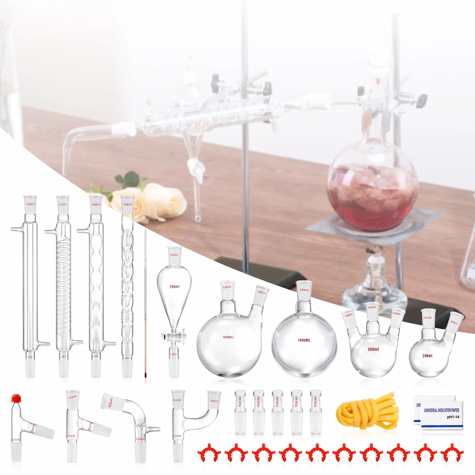 VEVOR Kit de destilación de vidrio de laboratorio 3.3 Boro 1000 ml 32 piezas con compuestos 24/40
