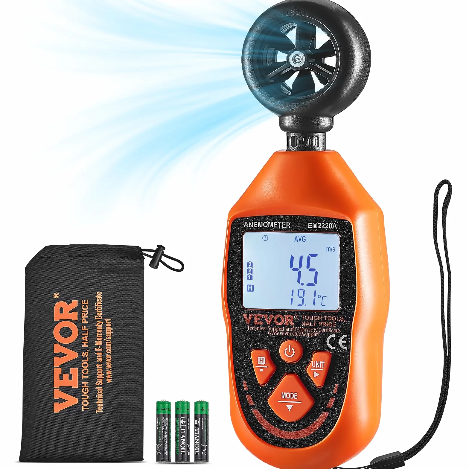 VEVOR Anemómetro Portátil Digital con Pantalla LED -10~45°C Medir Velocidad del Viento Temperatura