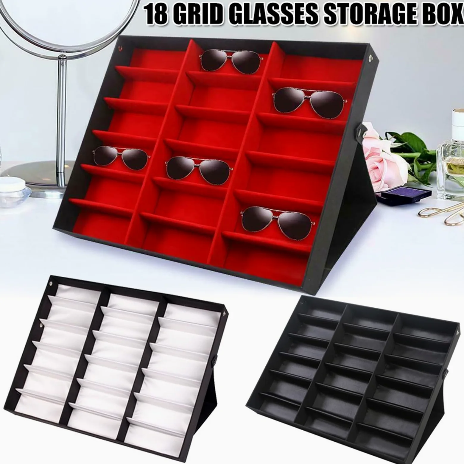 18 rejillas for gafas de sol, caja almacenamiento for, soporte organizador, for presentación joyería, compartimento Para Gafas