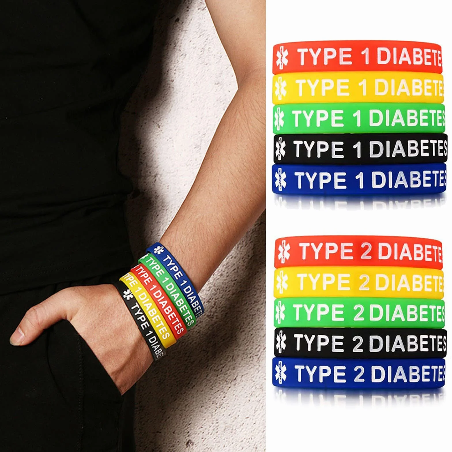 Pulseras de silicona para diabéticos tipo 1/2, impermeables, 7.5 pulgadas, unisex