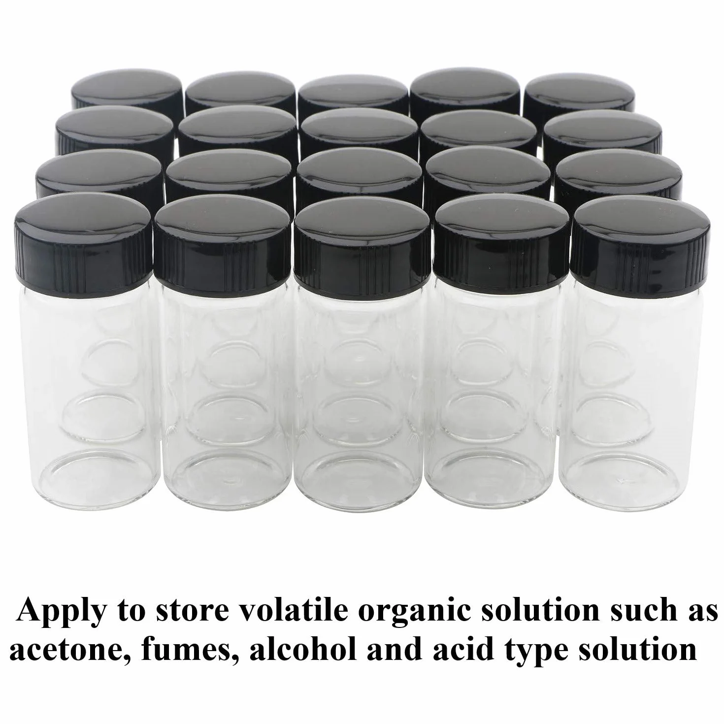 Botellas de Vidrio 20ml 2/3 Oz, Viales de Laboratorio con Tapa Negra, Transparente 20 Piezas