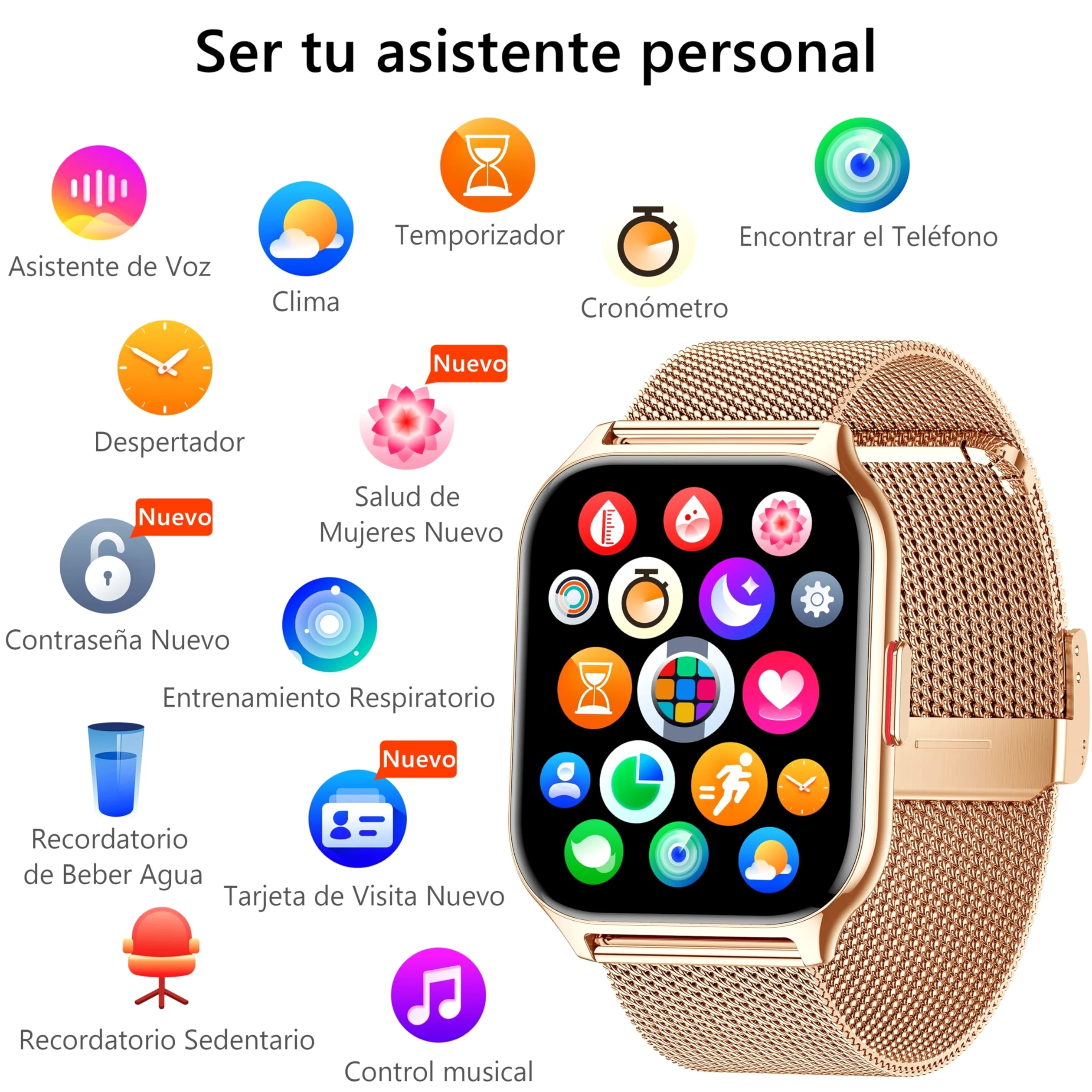 Reloj Inteligente Mujer con Bluetooth, Llamada, Presión Arterial, Ritmo Cardíaco, 100+ Deportes, para iOS Android