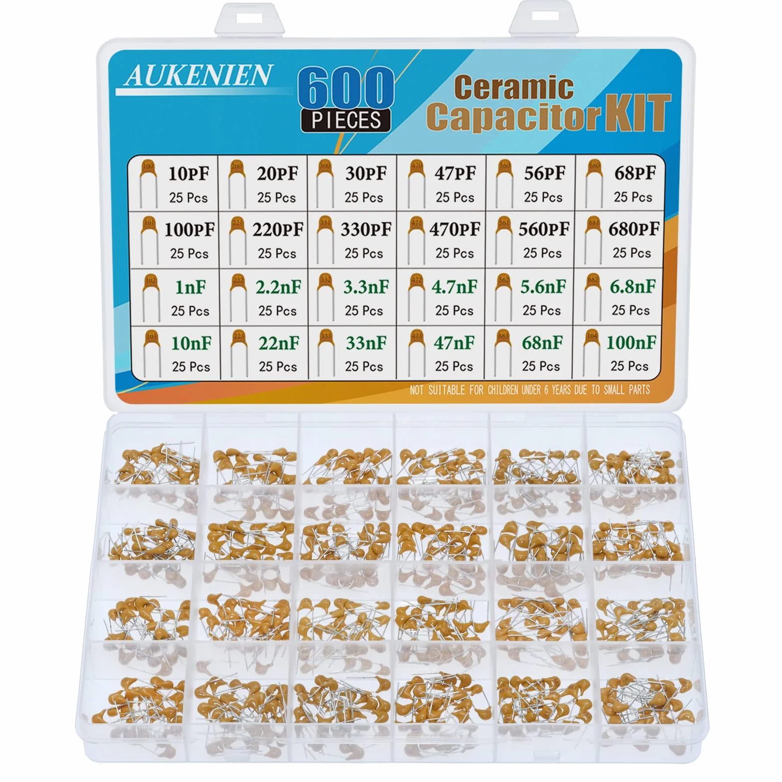 AUKENIEN 600 piezas Kit surtido de Condensador Cerámico uF nF Condensadores Electroliticos 10pF a 100nF
