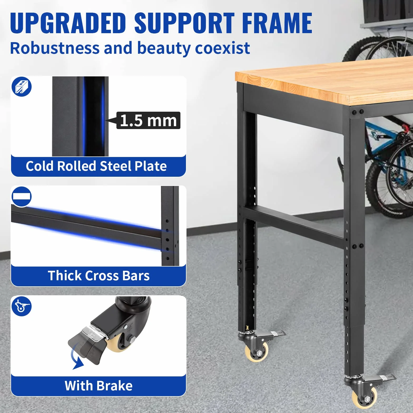 VEVOR Banco de Trabajo Altura Ajustable 80-105 cm 155x51 cm Tablón de Roble Marco de Acero 720 kg