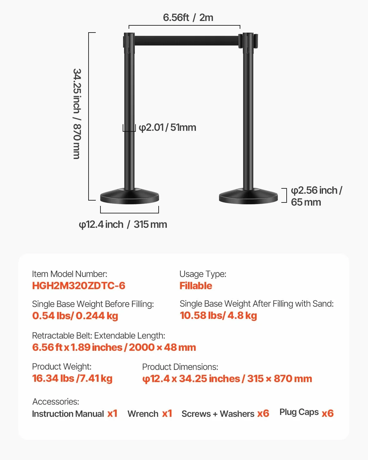 VEVOR 6 PCS Poste de Estaca de Acero al Carbono 2 m con Base Hueca de Inyección de Arena y Cinturones Retráctiles Negros, Barreras de Control de Multitudes