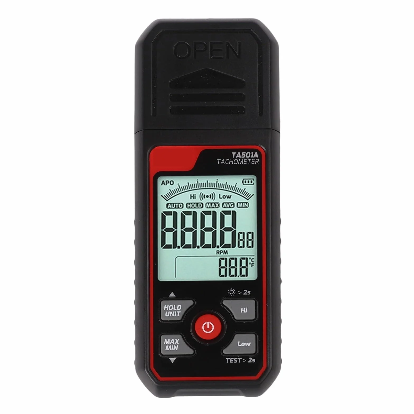 Tacómetro digital TA501A medidor de RPM fotoeléctrico sin contacto 25-99999RPM retroiluminación LCD bloqueo de datos máx/mín/prom alarma motor ventilador prueba
