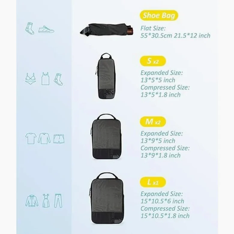 Cubos de Embalaje de compresión para Viajes Cubos de Embalaje de compresión expandibles Bolsas de Almacenamiento de Viaje livianas para Equipaje para organizar Ropa y Accesorios Artículos