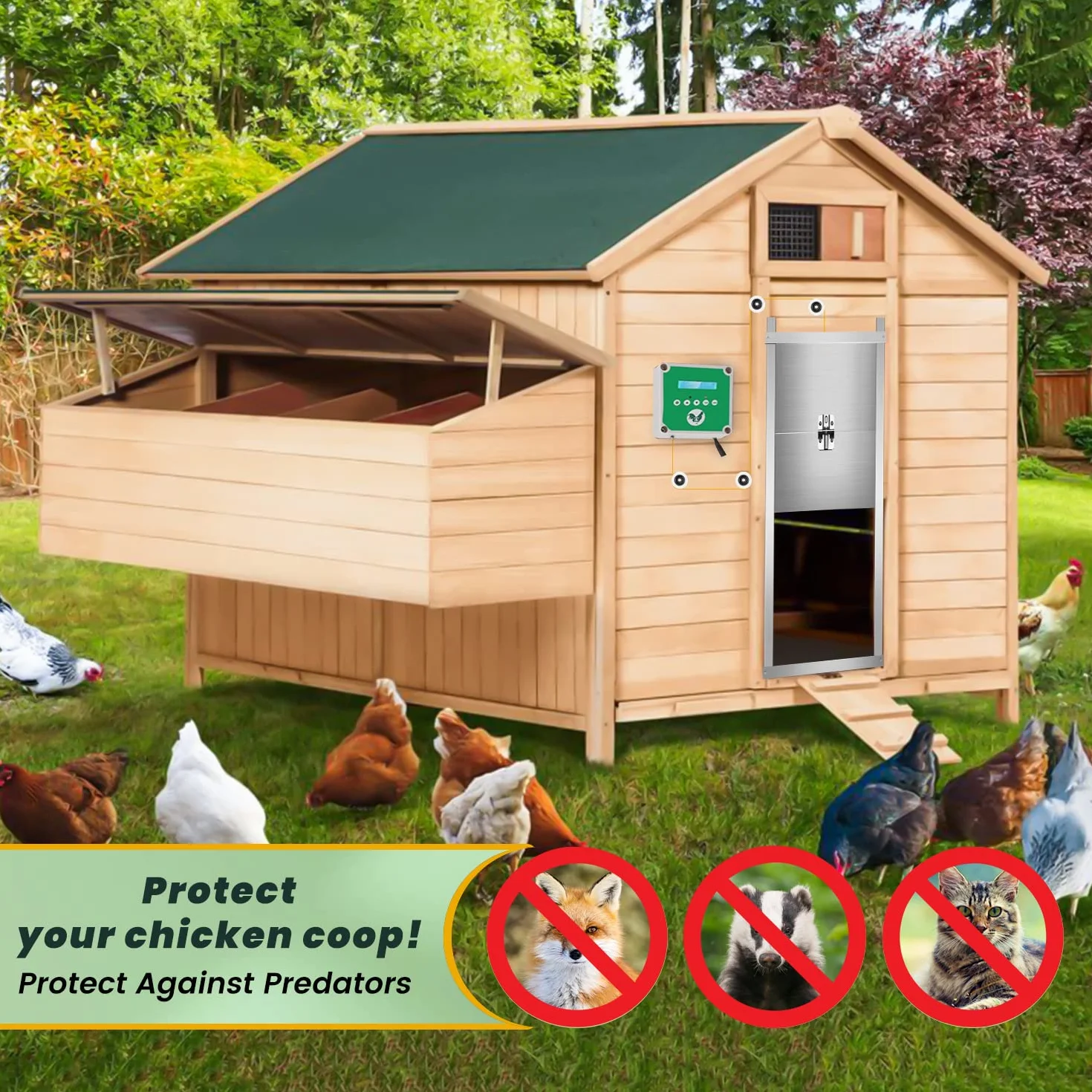 Abrepuertas Automático Gallinero IP65 Impermeable 2 Mandos Temporizador Sistema Elevación Puerta Batería Solar