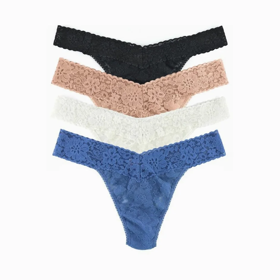 Hanky Panky Daily Lace Original Rise Thong - Bragas Mujer en Encaje Elástico, 4 Unidades, Tangas Mujer Pack de Cintura Alta - Braguitas Mujer Algodón y Nailon, Ropa Interior Mujer, Talla única