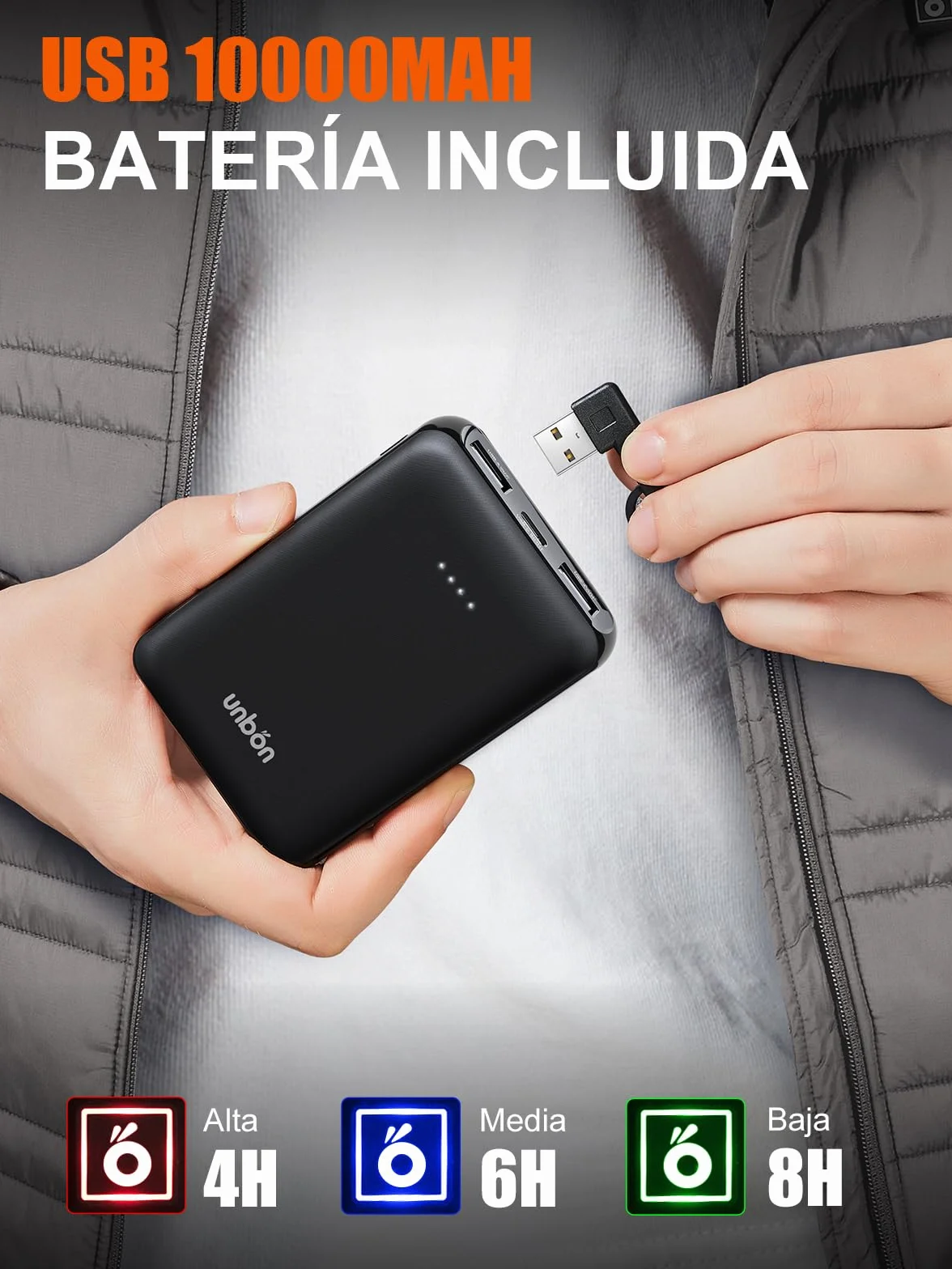 UNBON Chaleco Calefactable Hombre con Batería USB 10000mAh, Chaleco Térmico Eléctrico Calefactor Hombre con 3 Temperaturas 6 Zonas de Calor, Chaqueta Calefactable para Moto Caza Trabajo