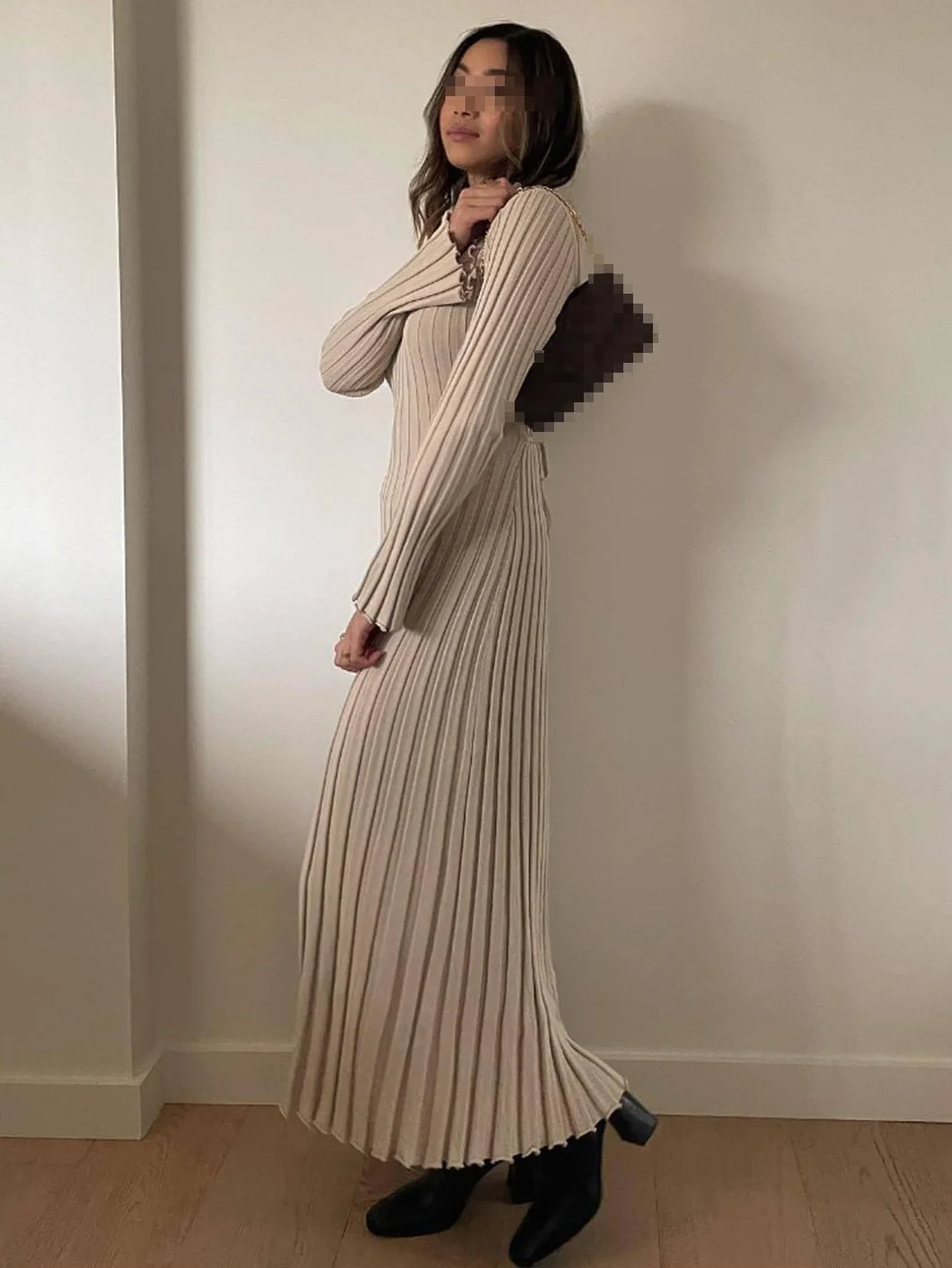 Vestido Maxi De Punto De Manga Larga con Cuello En V para Mujer