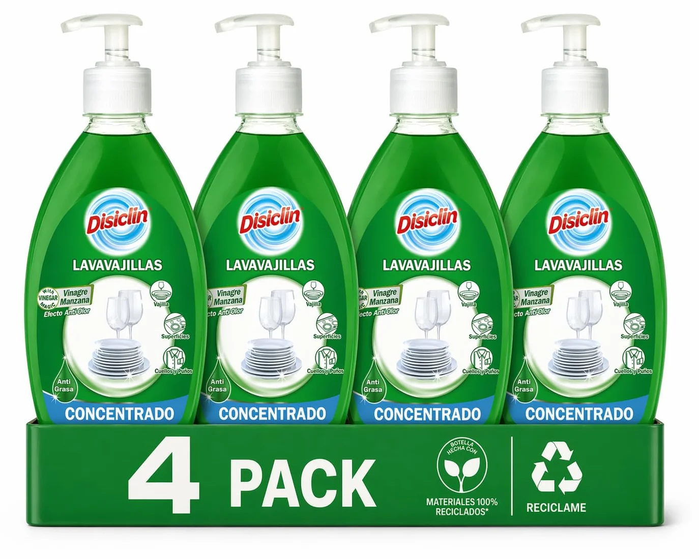 Lavavajillas Concentrado Disiclin con Vinagre de Manzana, Pack 4 Botellas, Detergente Líquido para Platos