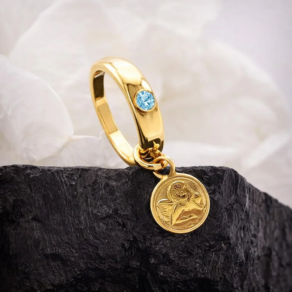 CLEVER SCHMUCK Cadena de bautizo de oro con ángel de la guarda, anillo de bautizo azul claro con cadena de eslabones de 36 cm, plata de ley 925 chapada en oro, en estuche