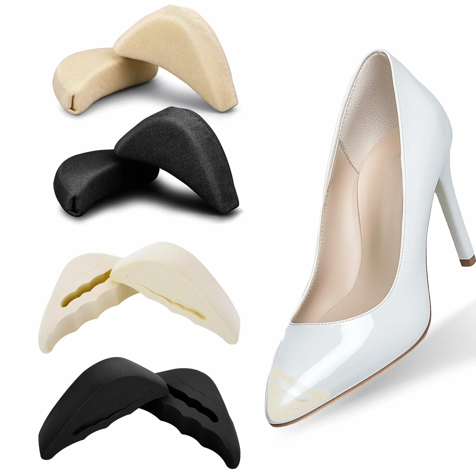 COMNICO Relleno de zapatos para zapatos demasiado grandes, 4 pares de rellenos de esponja suave para zapatos, transpirables, puntera grande, almohadillas reutilizables para el antepié para mujeres y