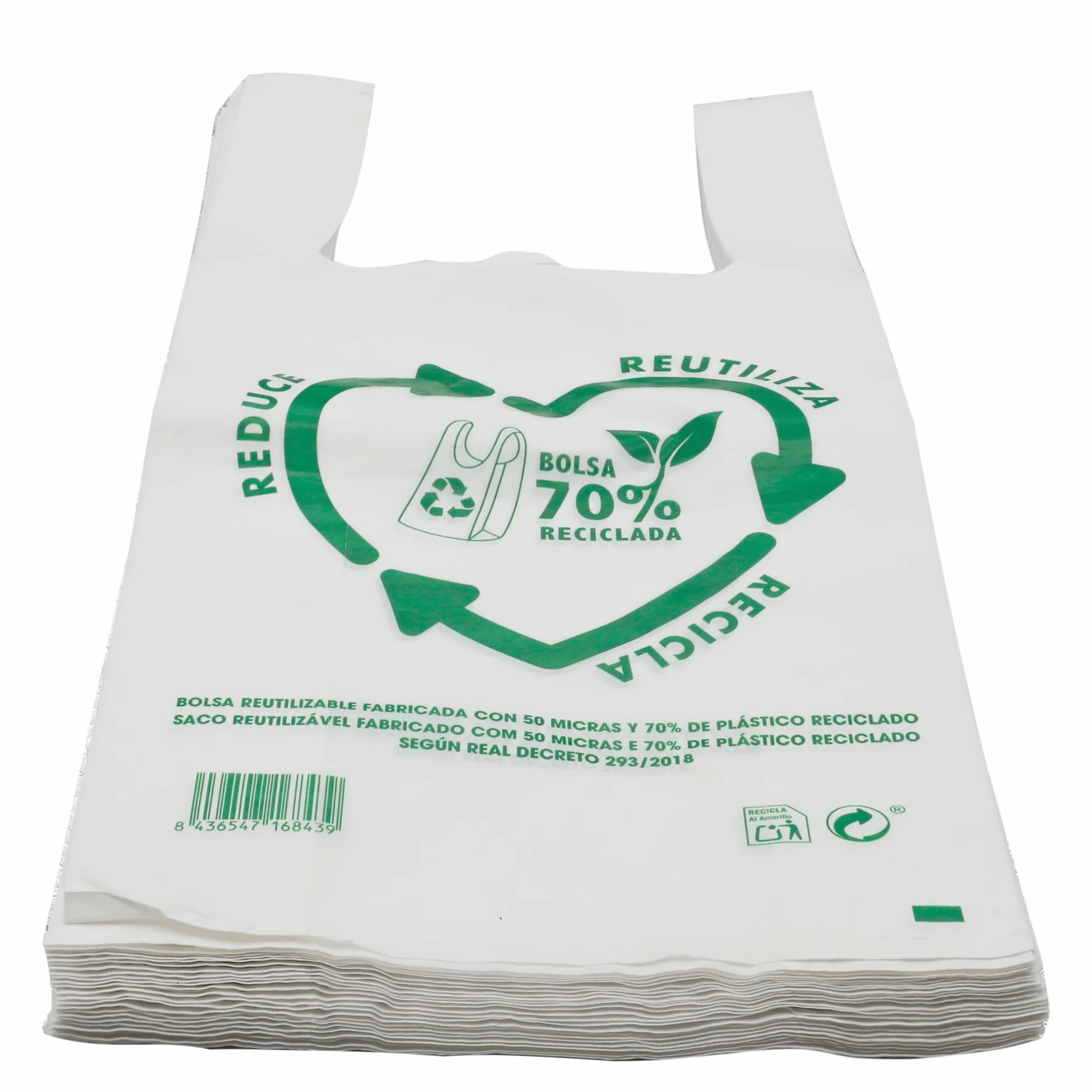 Bolsas de Plástico Asa Camiseta Blanco 50x60 cm 100 Unidades Reutilizables Resistentes 50 Micras 70% Reciclado Aptas Alimentación