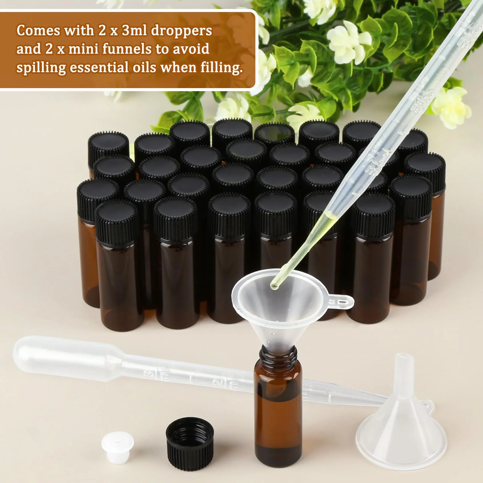 30 Pcs Mini Botellas Aceites Esenciales 5ml Vidrio Ámbar Rellenables con Gotero