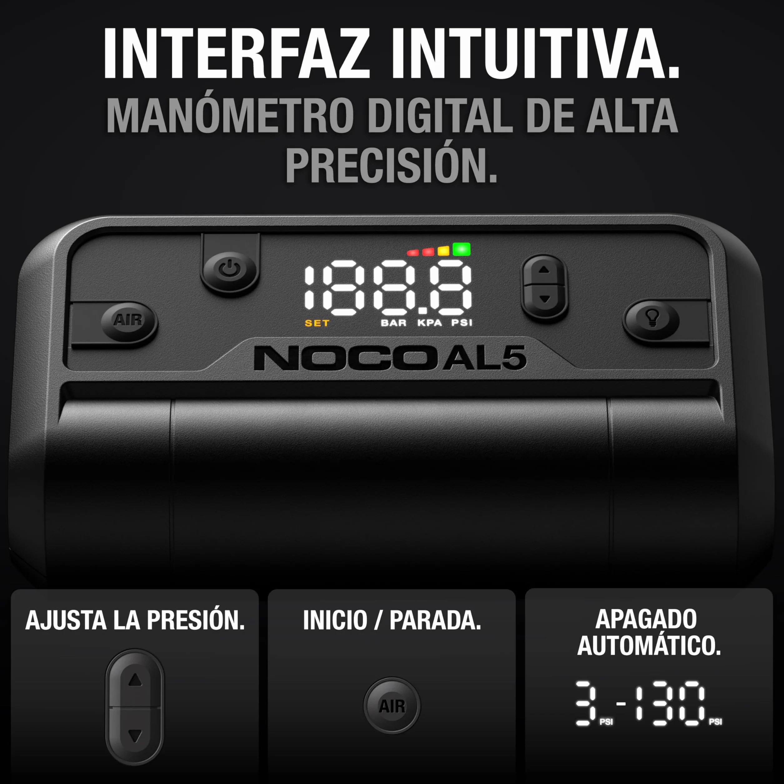 NOCO Air AL5 Inflador de neumáticos inalámbrico 5A Compresor de aire portátil a batería 17 SLPM 0-40 PSI 7 min Manómetro digital Apagado automático