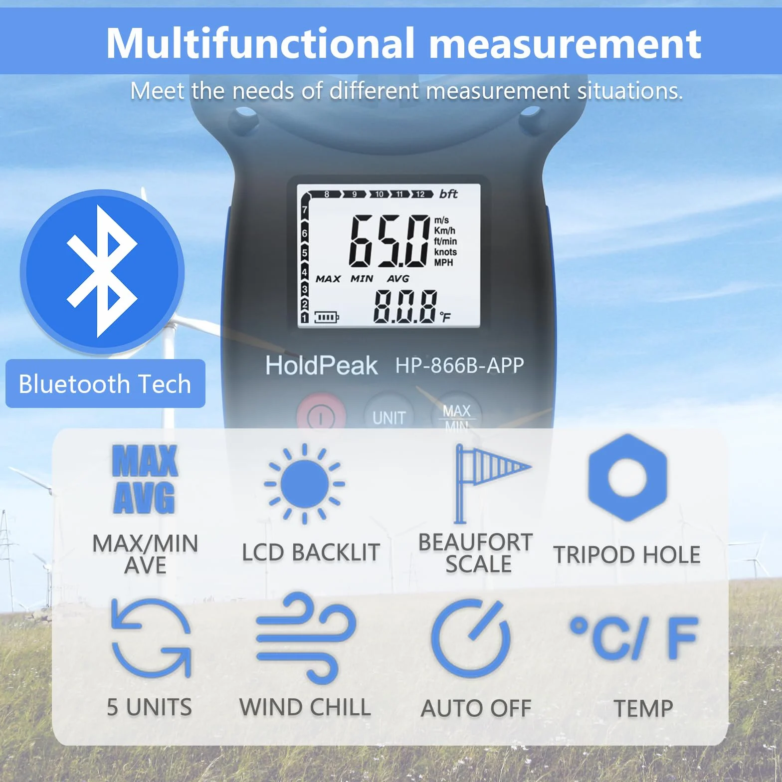 Anemómetro Digital HoldPeak 866B-APP Medidor de Velocidad Viento Bluetooth Inalámbrico Temperatura