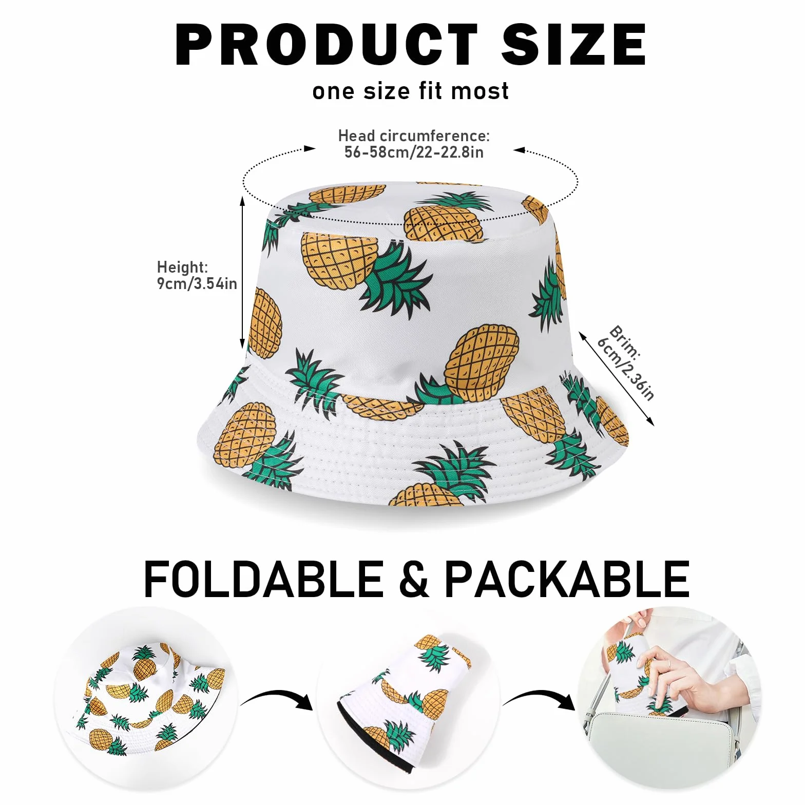Mujer Sombrero de Pescador Reversible Algodón Bucket Hat, Protección UV Frutas Impresión Vacaciones Sombrero de Sol Ligera Gorra de Pesca, Plegable Verano Gorros de Playa para Viaje Fiesta