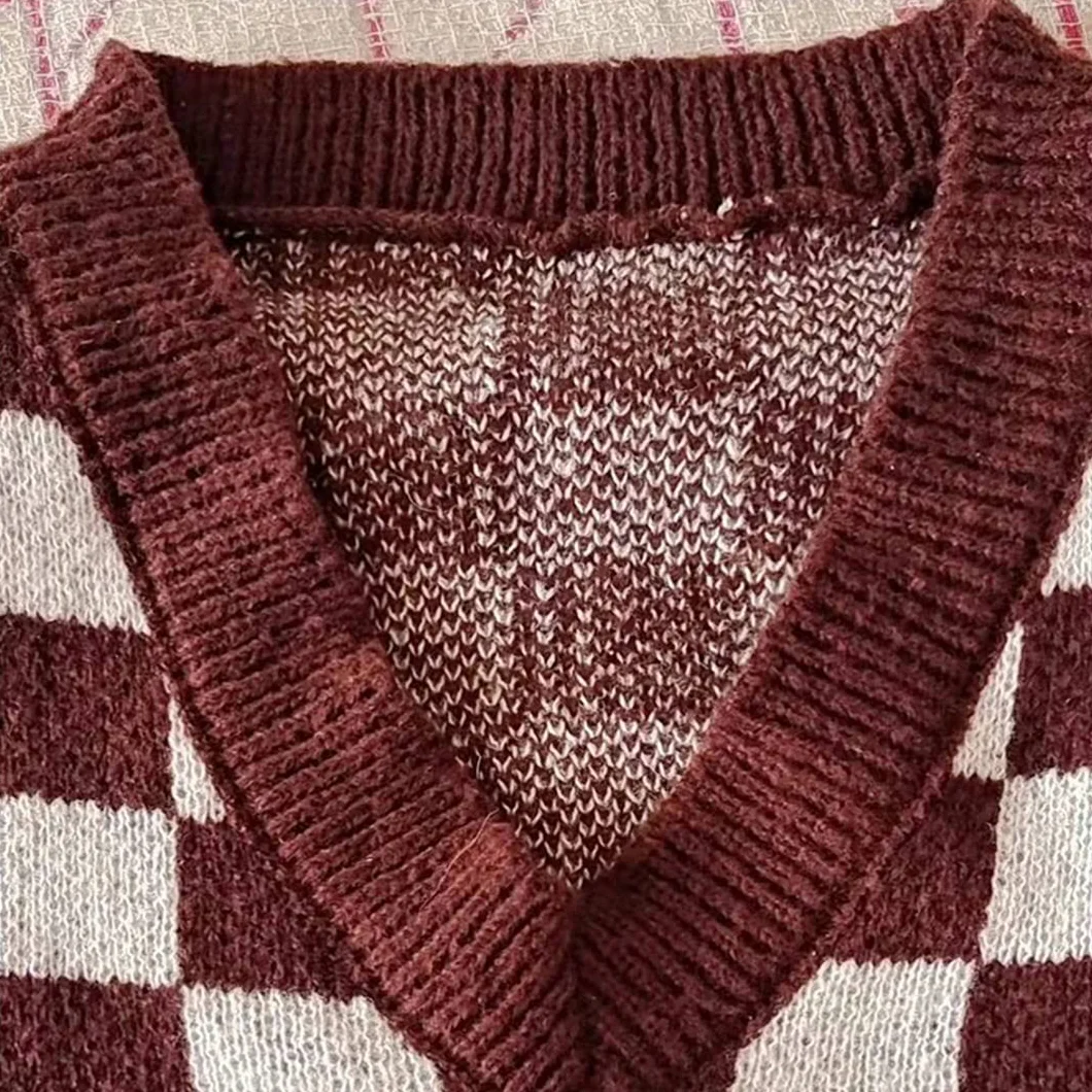 Suéteres Básicos Sin Mangas con Cuello En V Y Estampado A Cuadros De Talla Grande para Mujer