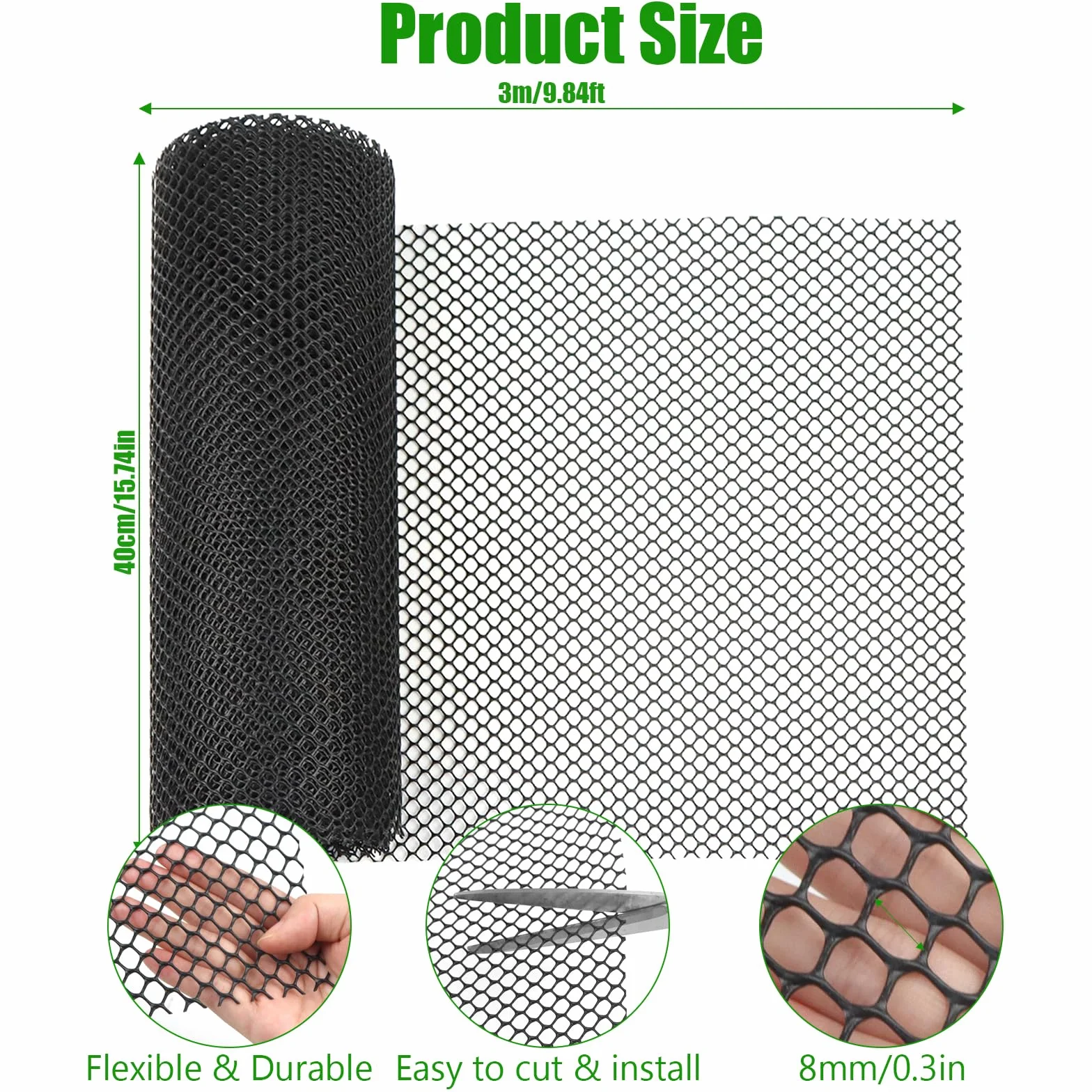 Plástico Negro Rollo de Malla de Alambre de Pollo de 8 mm para Jardín, Valla para Perro, Red de Aves