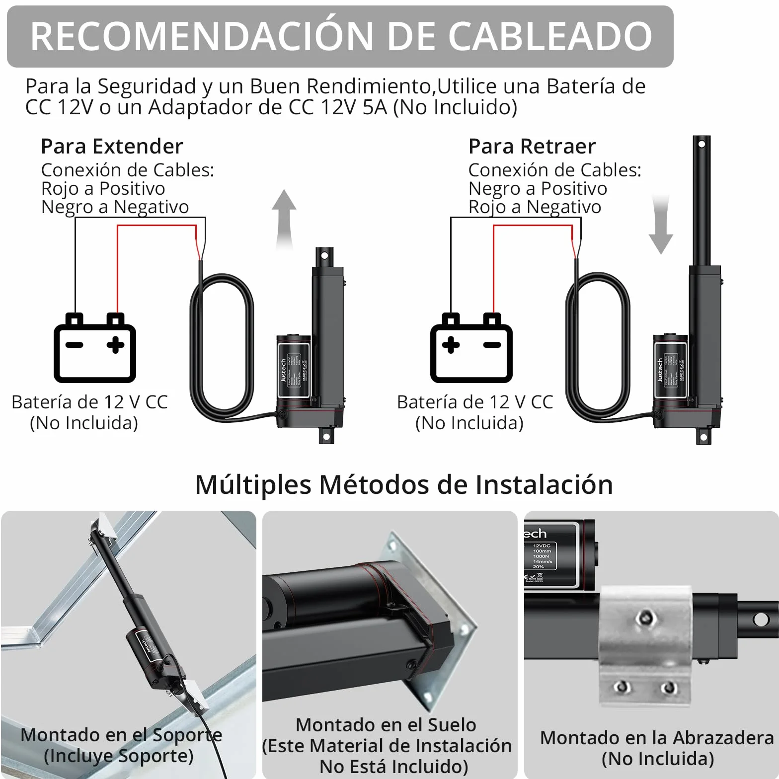 Justech Actuador Lineal 1000N 100mm 12V IP65 Aleación de Aluminio