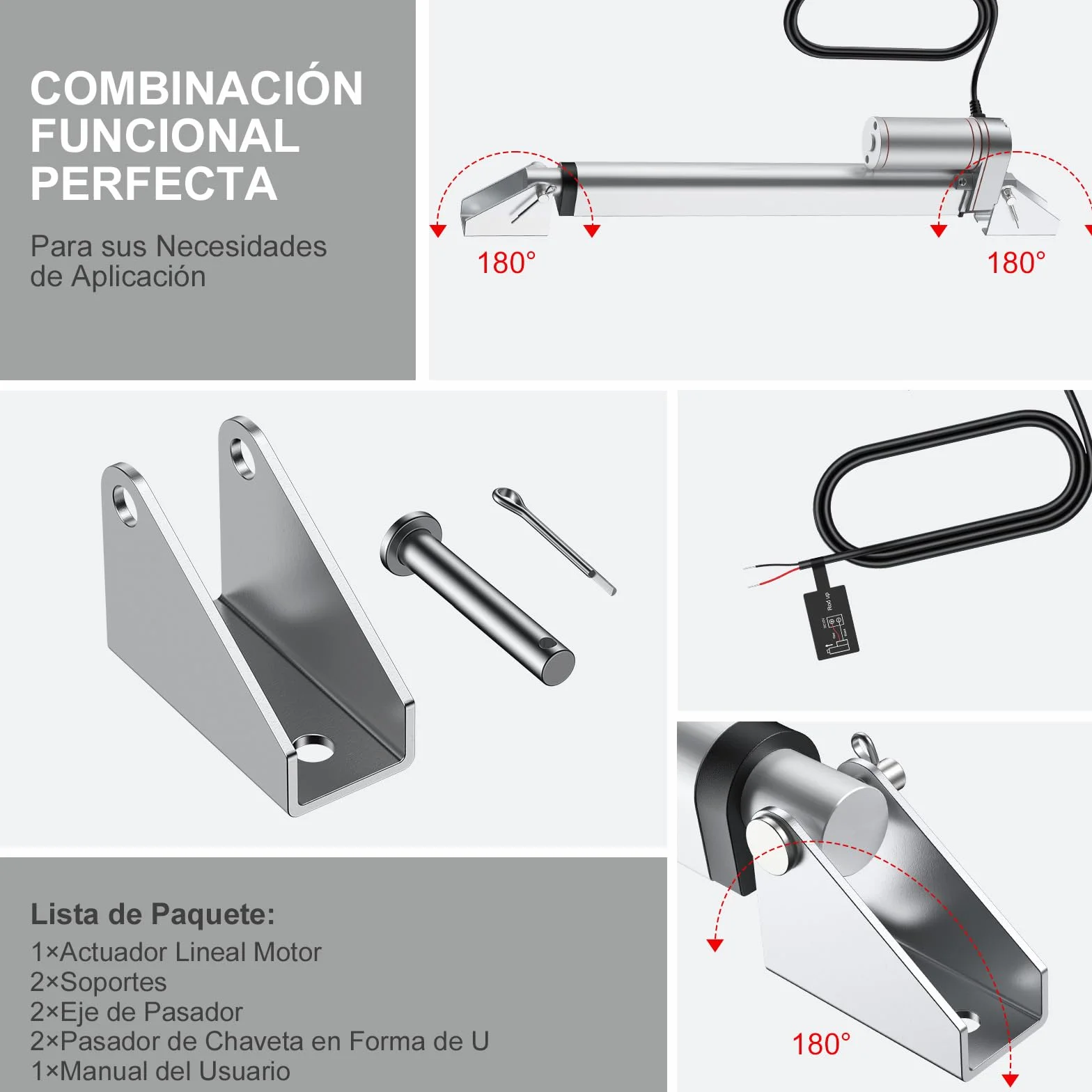 Justech Motor Actuador Lineal 250mm 12V DC 1500N 10mm/s IP65 Impermeable Aluminio Plateado