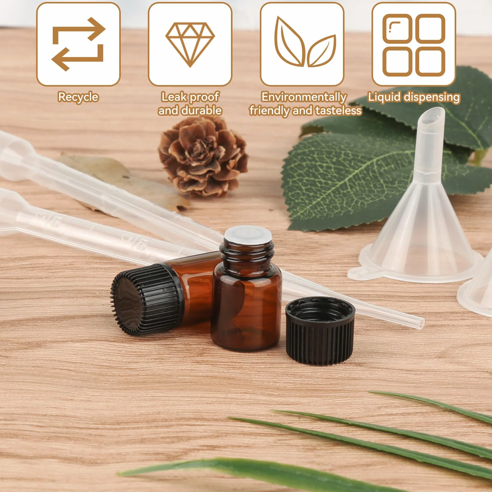 Botes Aceites Esenciales 30 Ámbar 2ml Mini Bottiglia di Vetro Rellenable con Embudos Cuentagotas