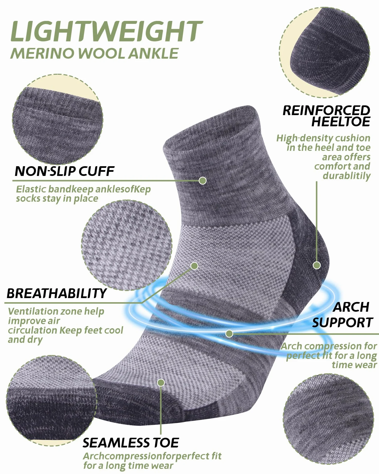 Calcetines de lana merino 90% para hombres y mujeres, calcetines de tobillo suaves y finos para atletismo, correr, senderismo, ciclismo, 3 pares