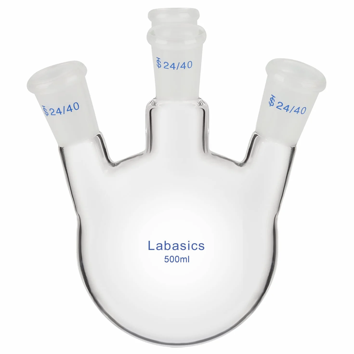 Labasics Matraz de Fondo Redondo 4 Cuellos, Vidrio Borosilicato Pared Gruesa, Junta 24/40, 500 ml
