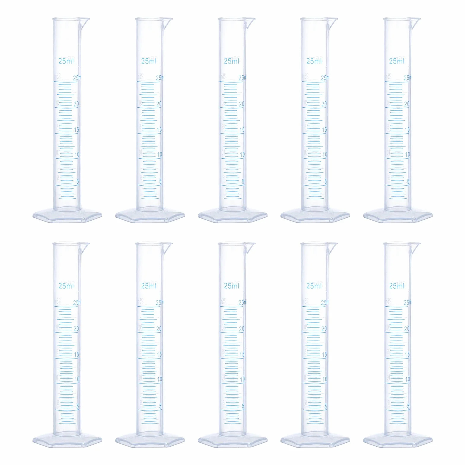 QUARKZMAN Cilindro Graduado de Plástico 25ml Medidor Tubos de Ensayo Base Hexagonal Transparente 10 Unidades