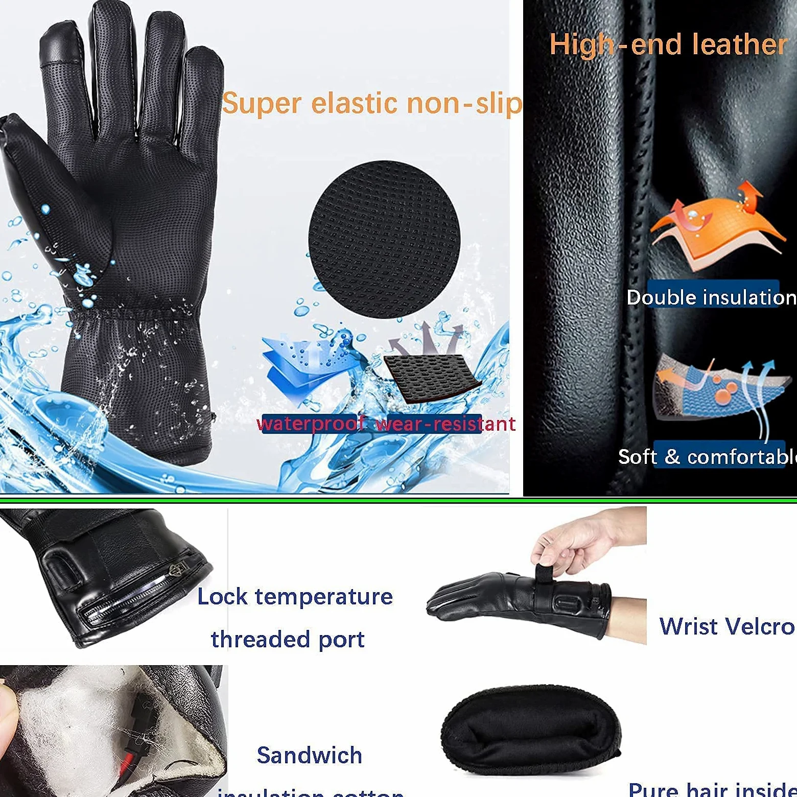 Guantes térmicos, 7.4V 4000mAh Batería Recargable Guantes térmicos eléctricos para Hombres Mujeres Guantes térmicos para Motocicleta Pantalla táctil Impermeable para Deportes Esquí