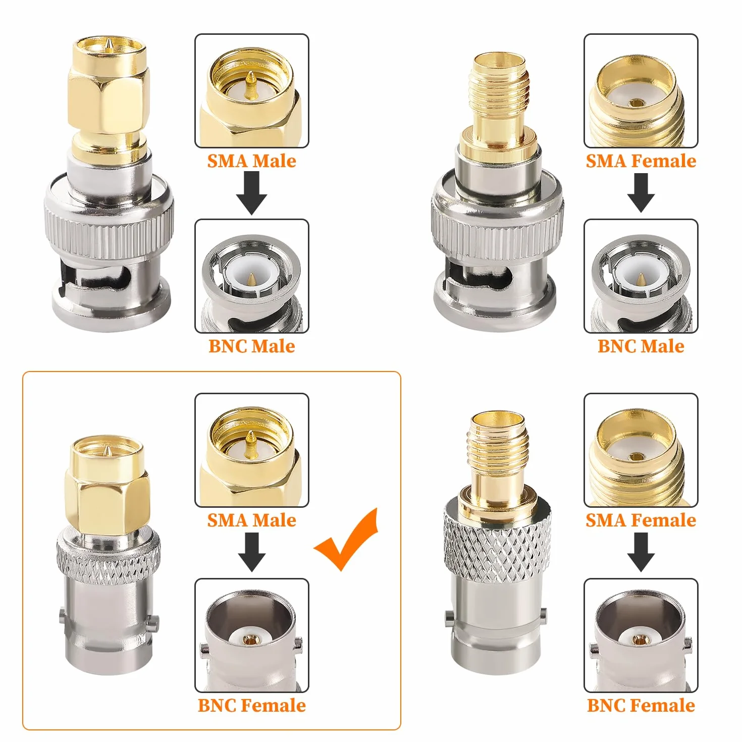 Adaptador BNC a SMA Macho, Conector Coaxial Hembra, para Antenas WiFi