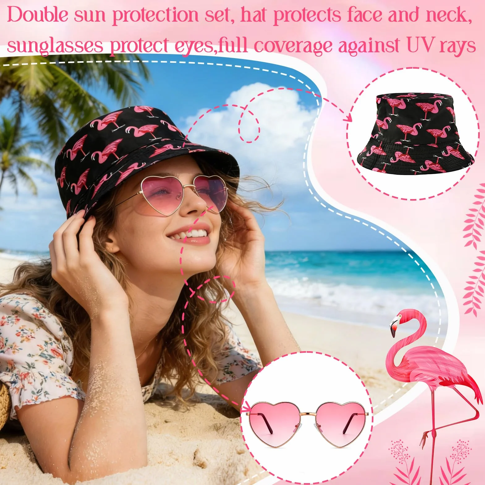 Sombrero de Pescador Flamenco, Sombrero del Pescador Mujer con Gafas de Sol Corazón, Sombreros para El Sol de Pesca, Protección UV Sombreros, Ropa y Accesorios De Moda